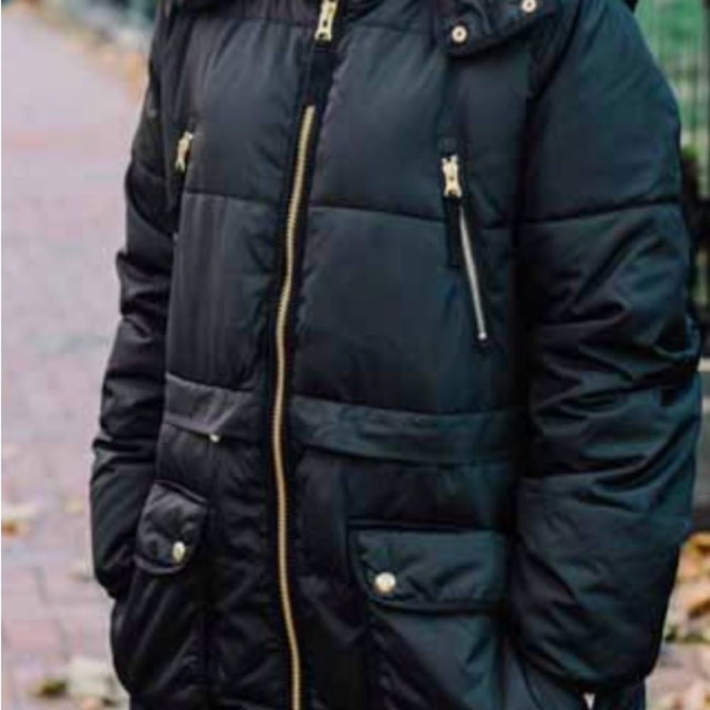 J. Crew Men's Dark Puffer Jacket with Gold Accents